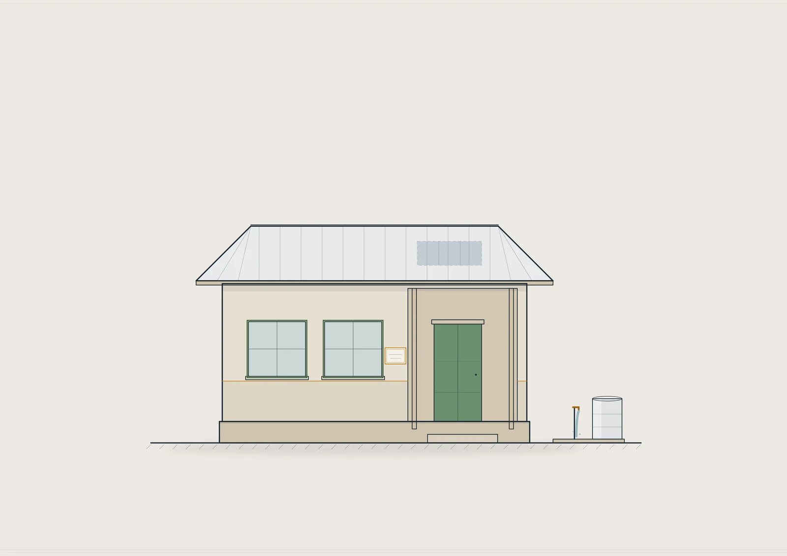 A drawing of a two-room home with a porch and a water tank