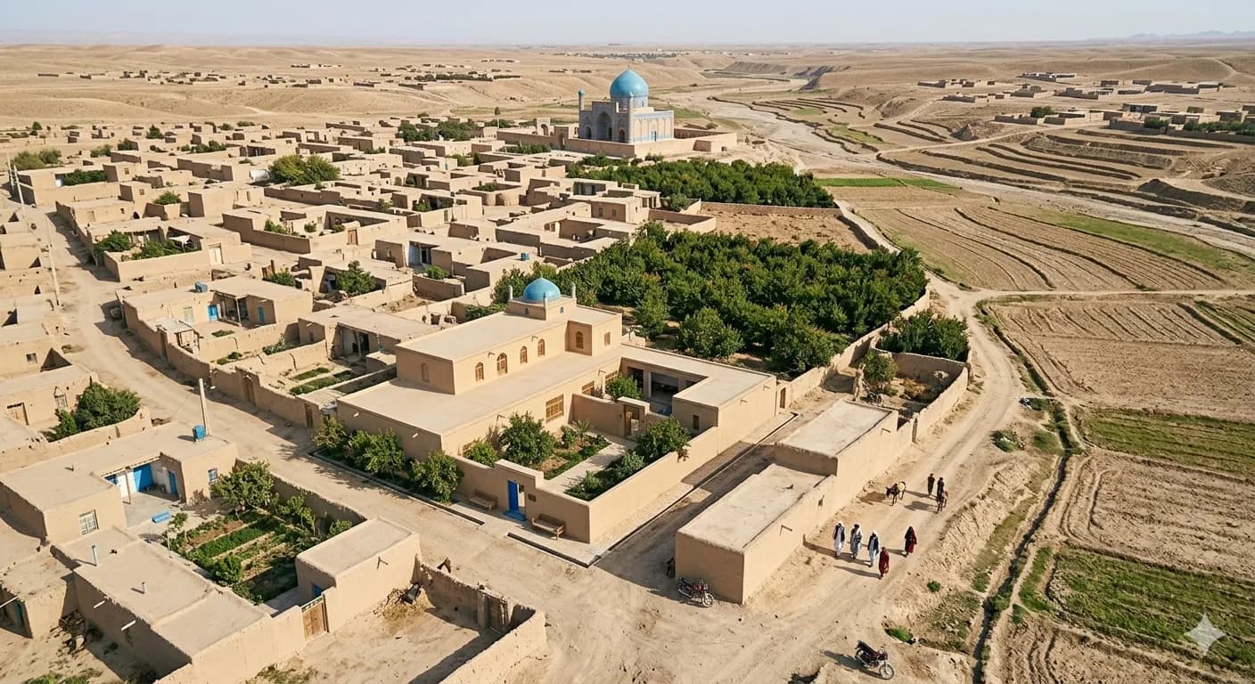 A village of mud-brick homes seen from above