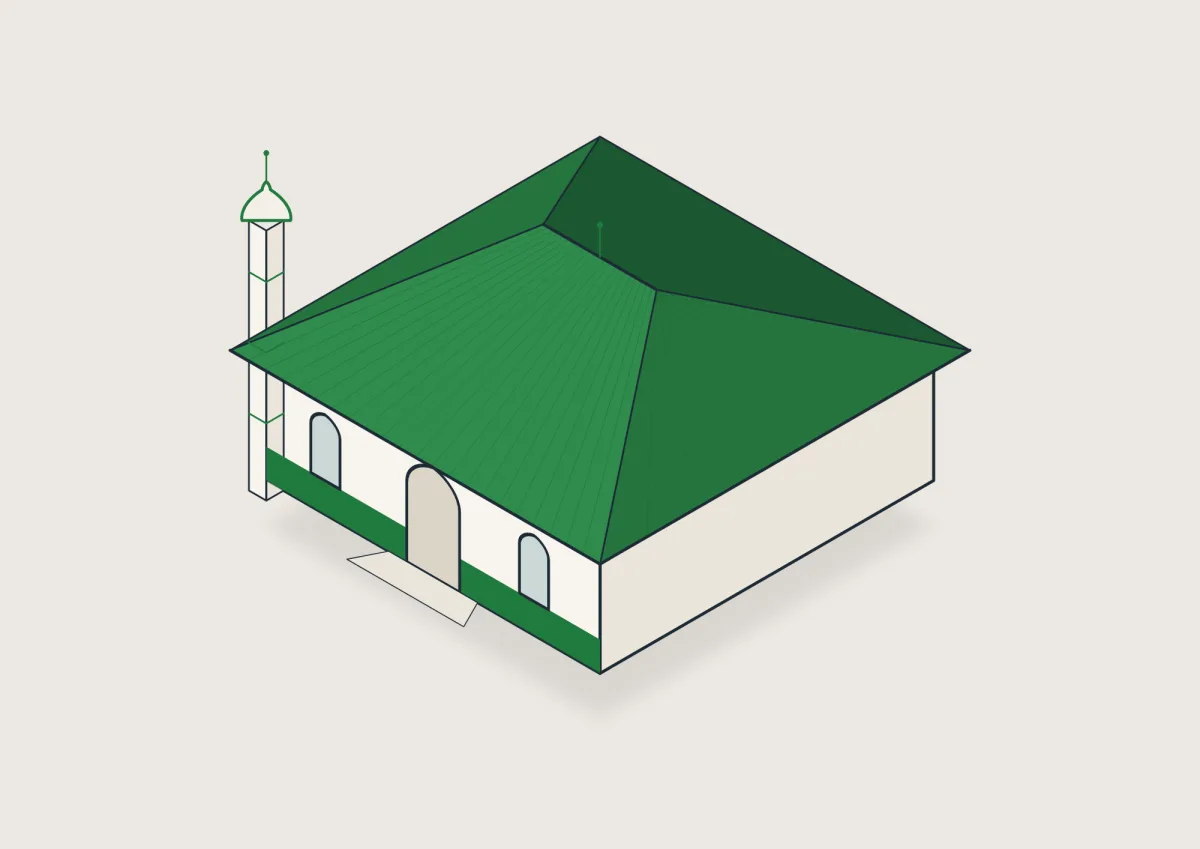 A drawing of a masjid with a green pitched roof and a minaret