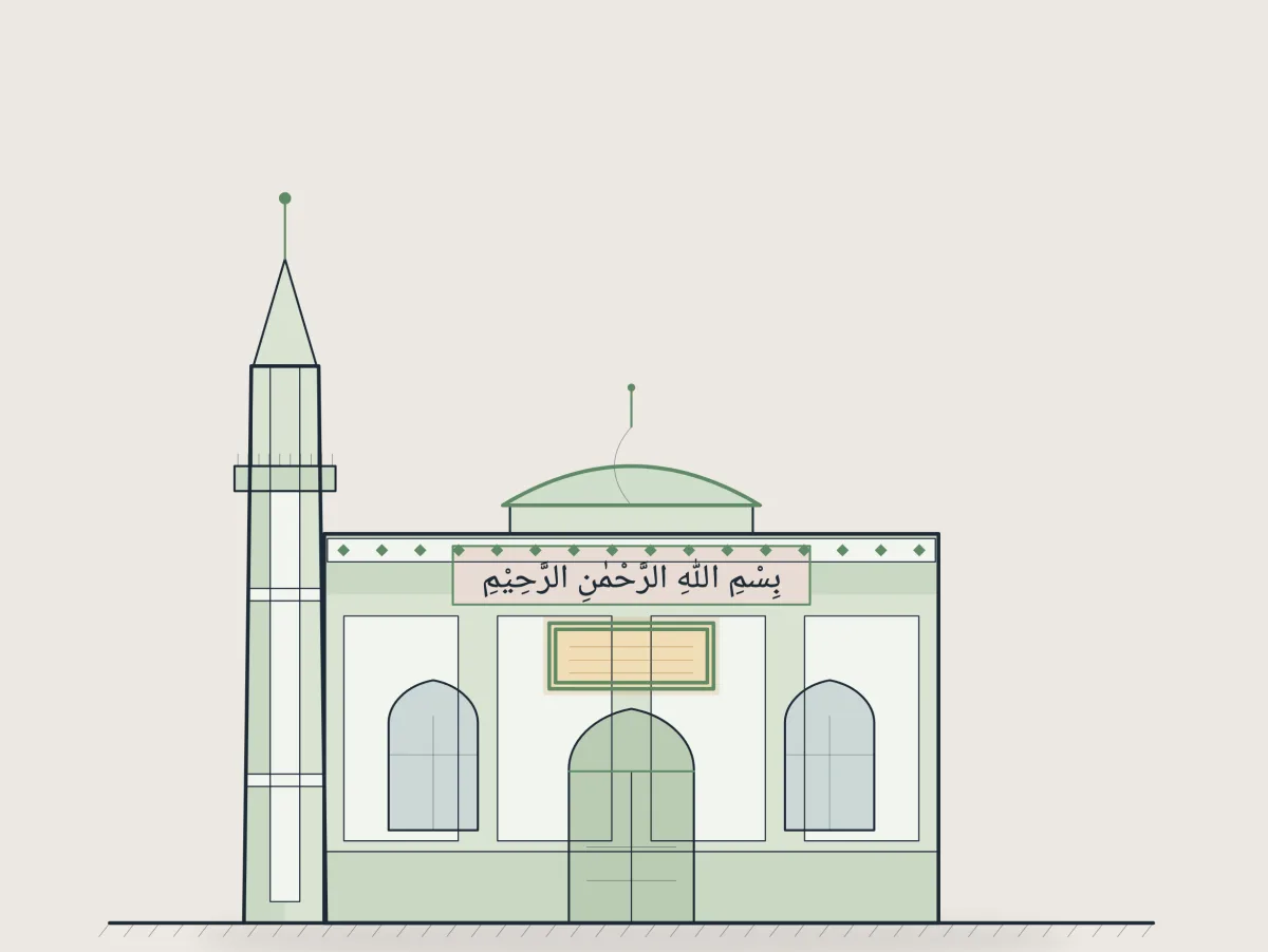 A drawing of a village masjid with a dome and a minaret