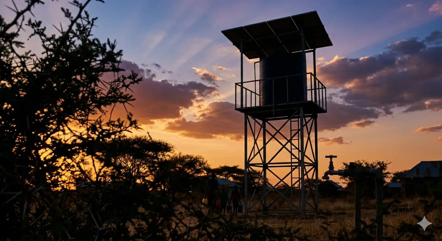 A raised water tank on a steel tower at sunset