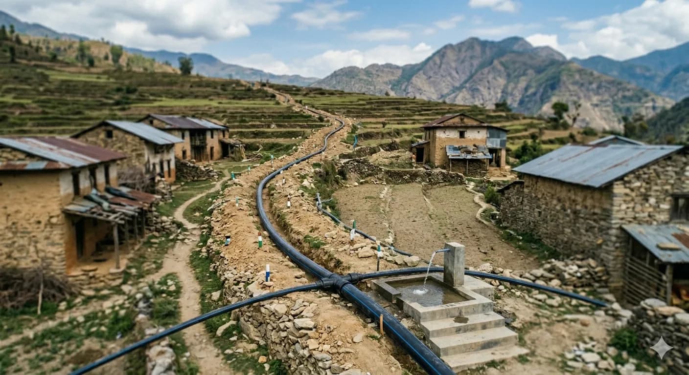 Illustrative image: Water pipes running through a hillside settlement.