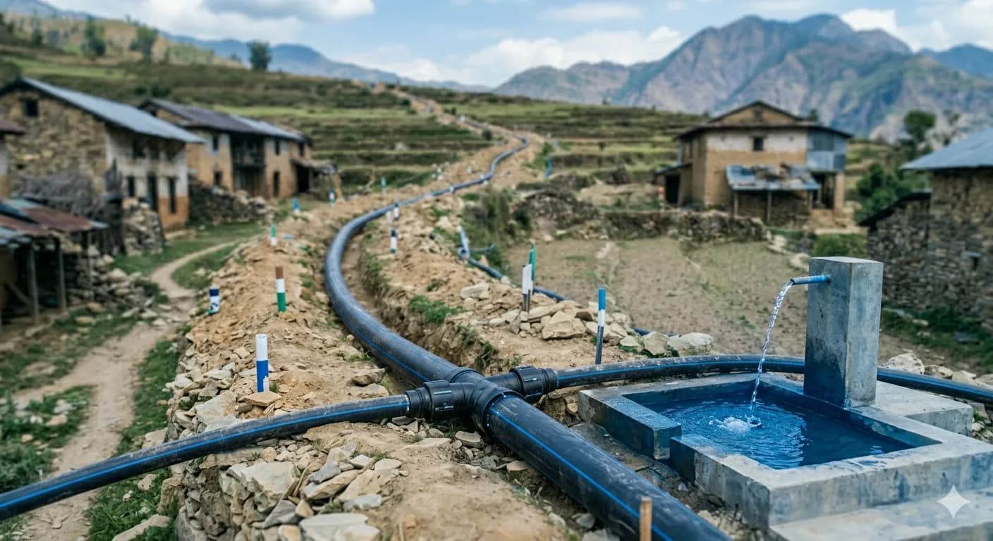 A water pipeline running through a mountain village