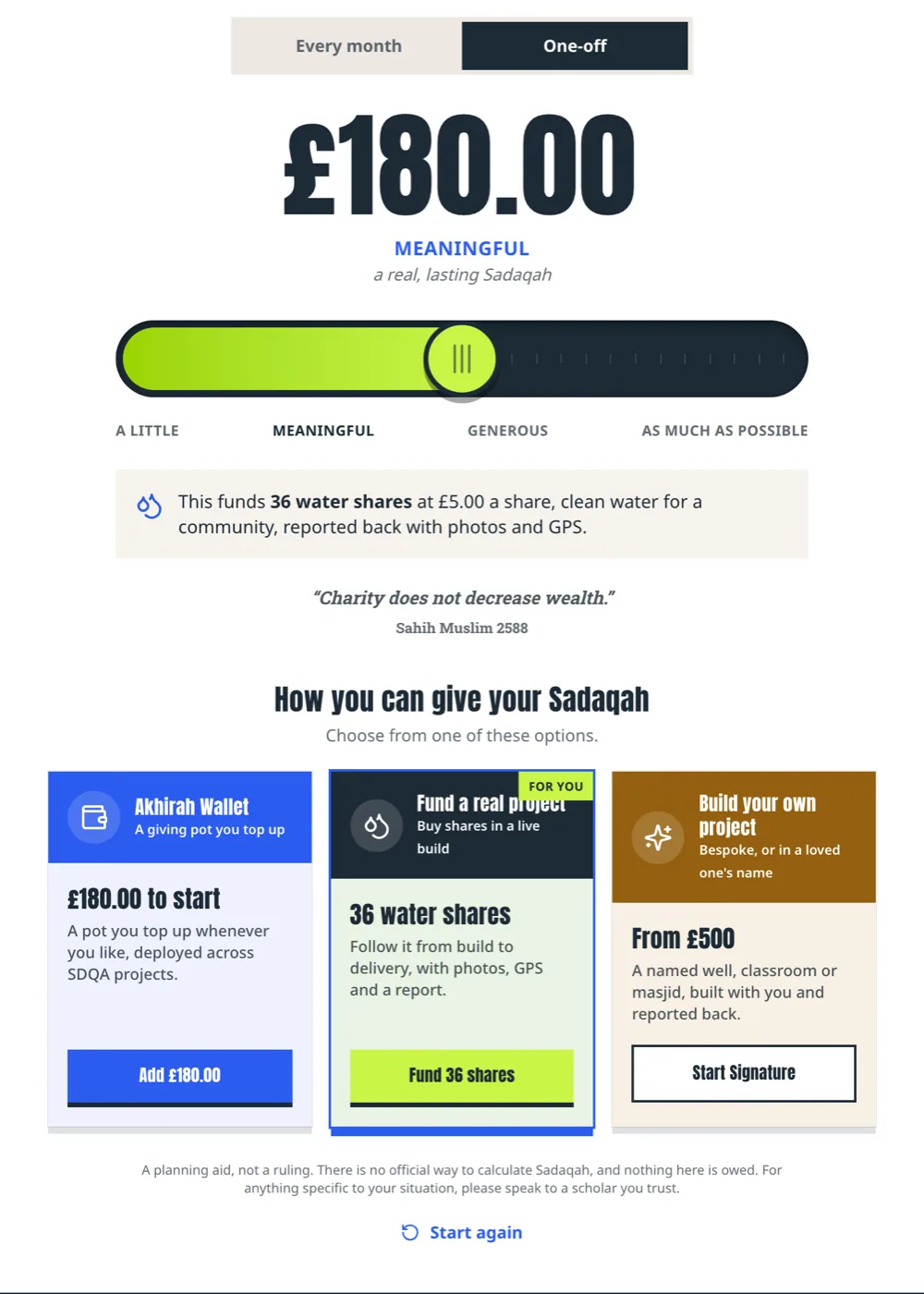 A Sadaqah plan of £180, with a slider and three ways to give it